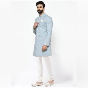 Light Blue Brocade Sherwani Kurta with White Pants